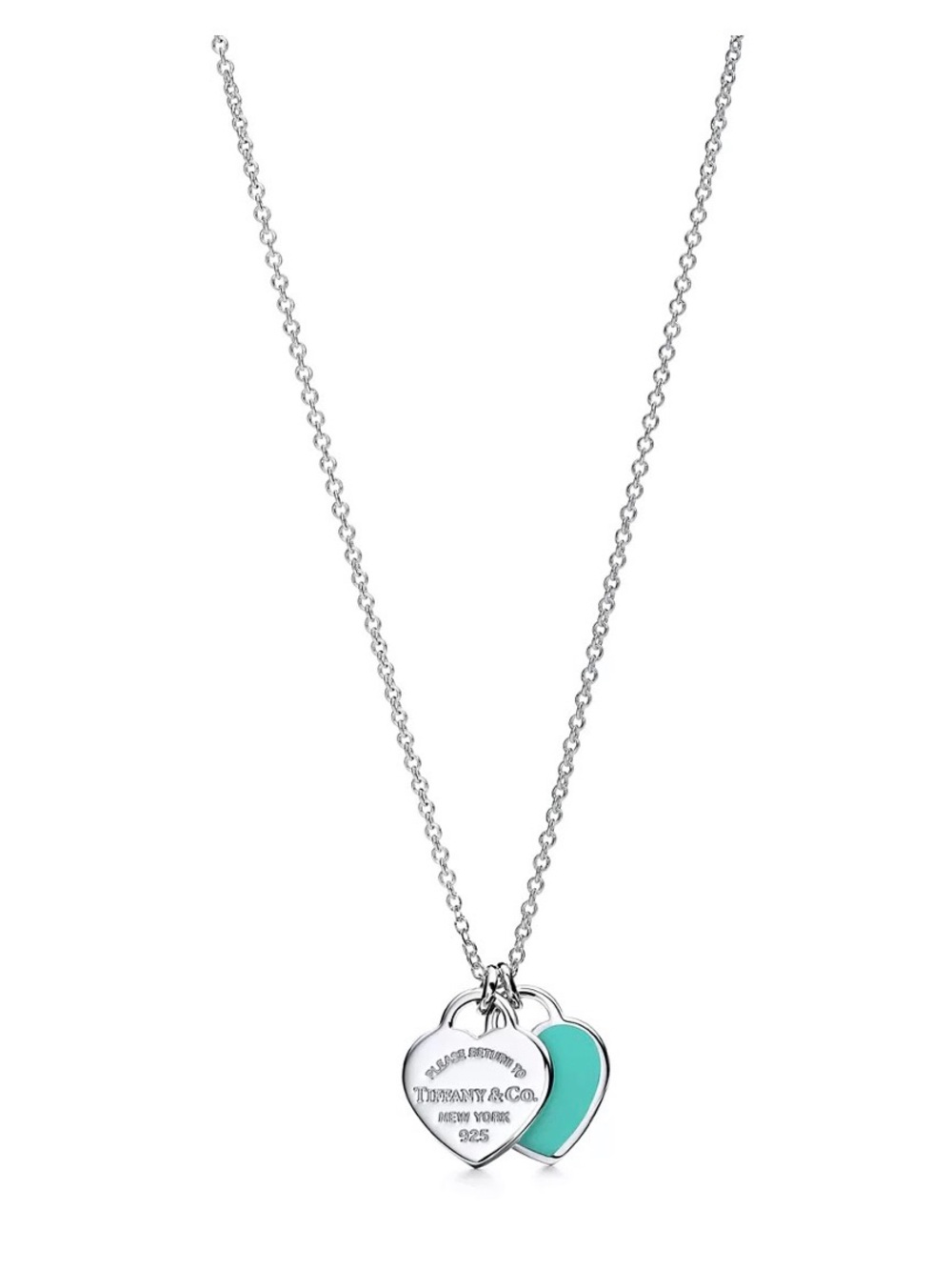 Tiffany & Co. Silver Double Heart Necklace with Tiffany Blue Accent Full Set